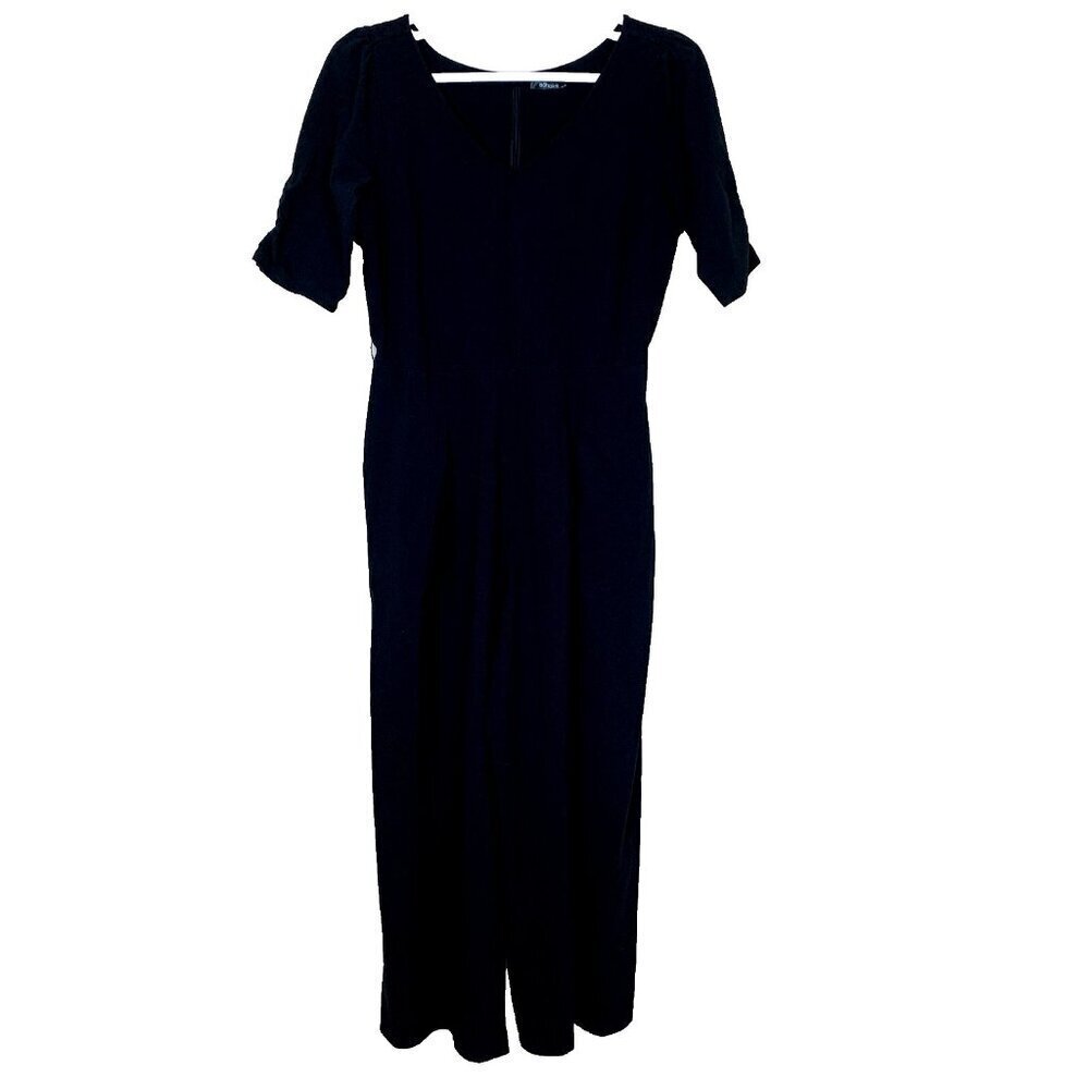 eShakti Womens XL 16 Jumpsuit Pantsuit Black Wide‎ Leg Stretch Knit Pockets